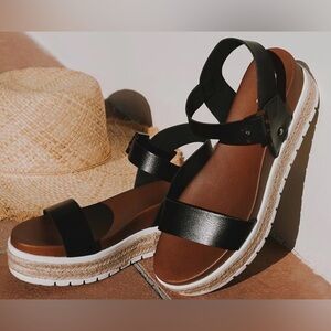 MIA Black and Brown Kiera Platform Espadrille Raffia Sole Strappy Sandals